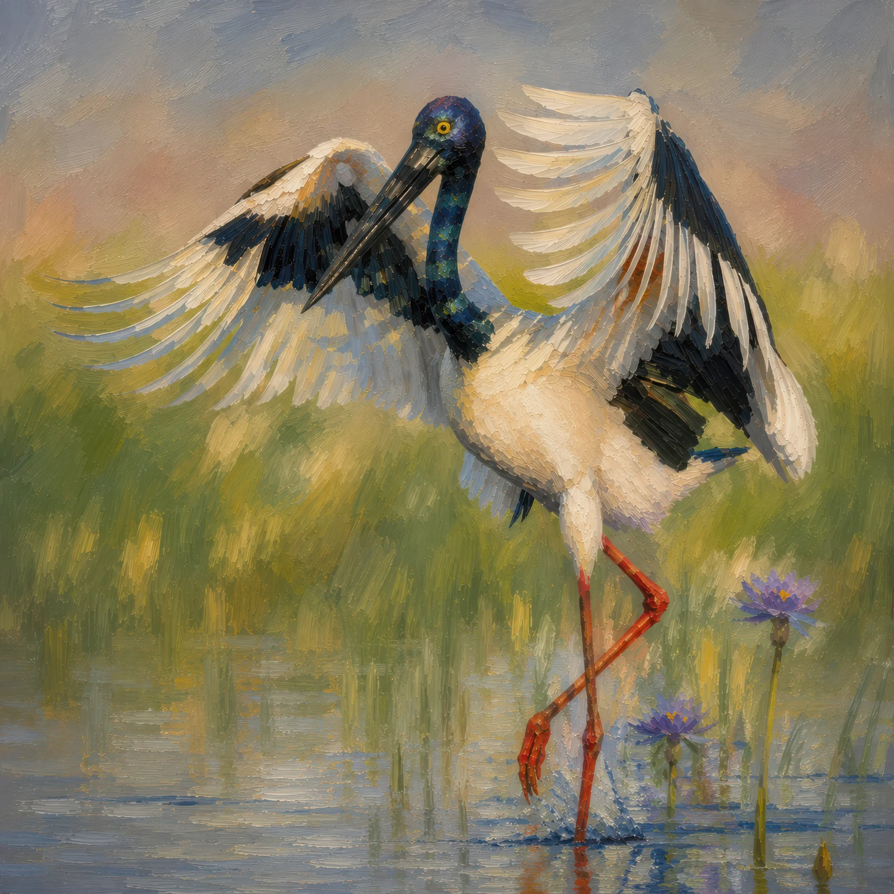 Painterly interpretation of a female black-necked stork with wings raised